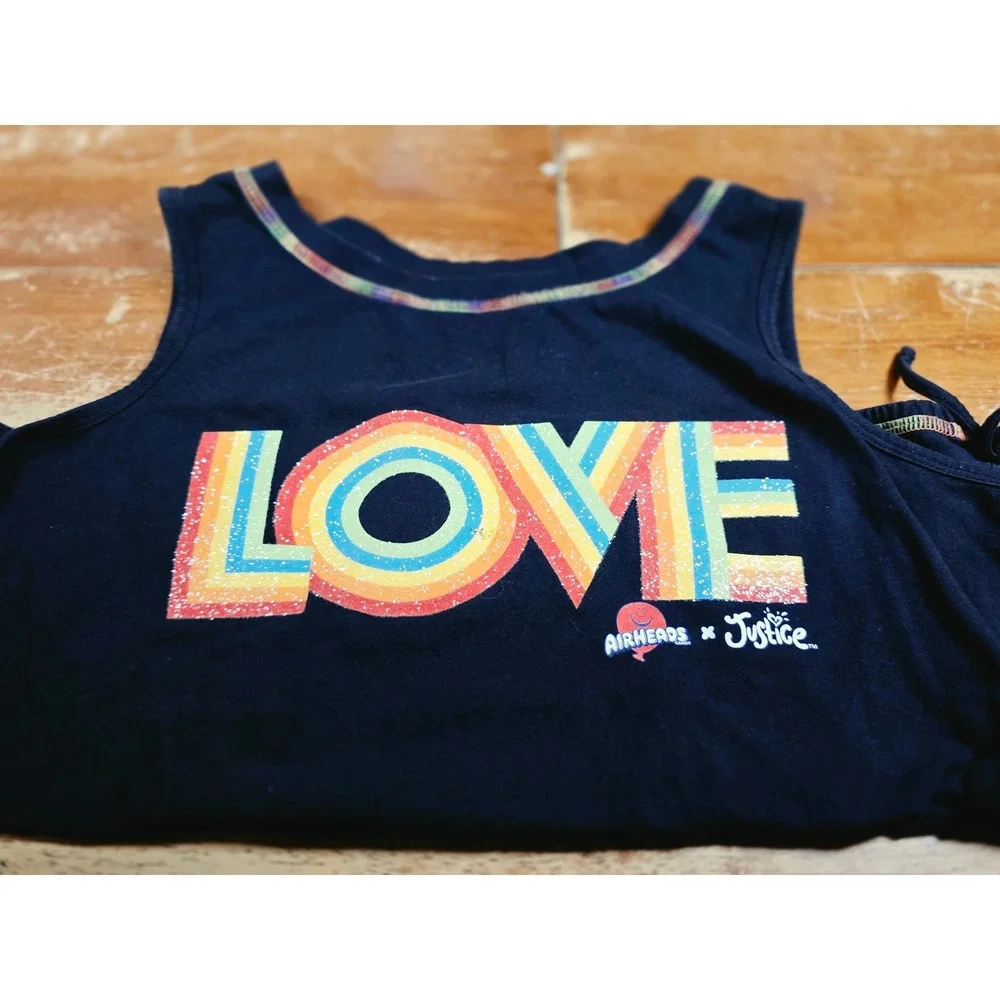 Justice x Airheads Girls XL Plus Black Rainbow Love Glitter Tank Top Cinched Hem